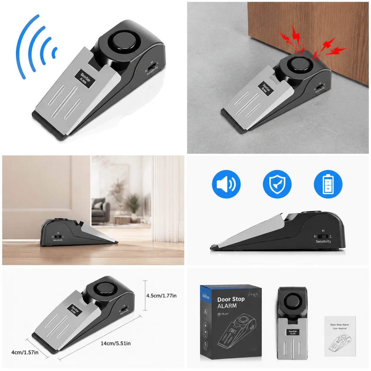 120dB Door Stop Alarm, Portable Electronic Door Wedge Security Alarm with Adjustable Sensitivity for Home, Hotel and Travel