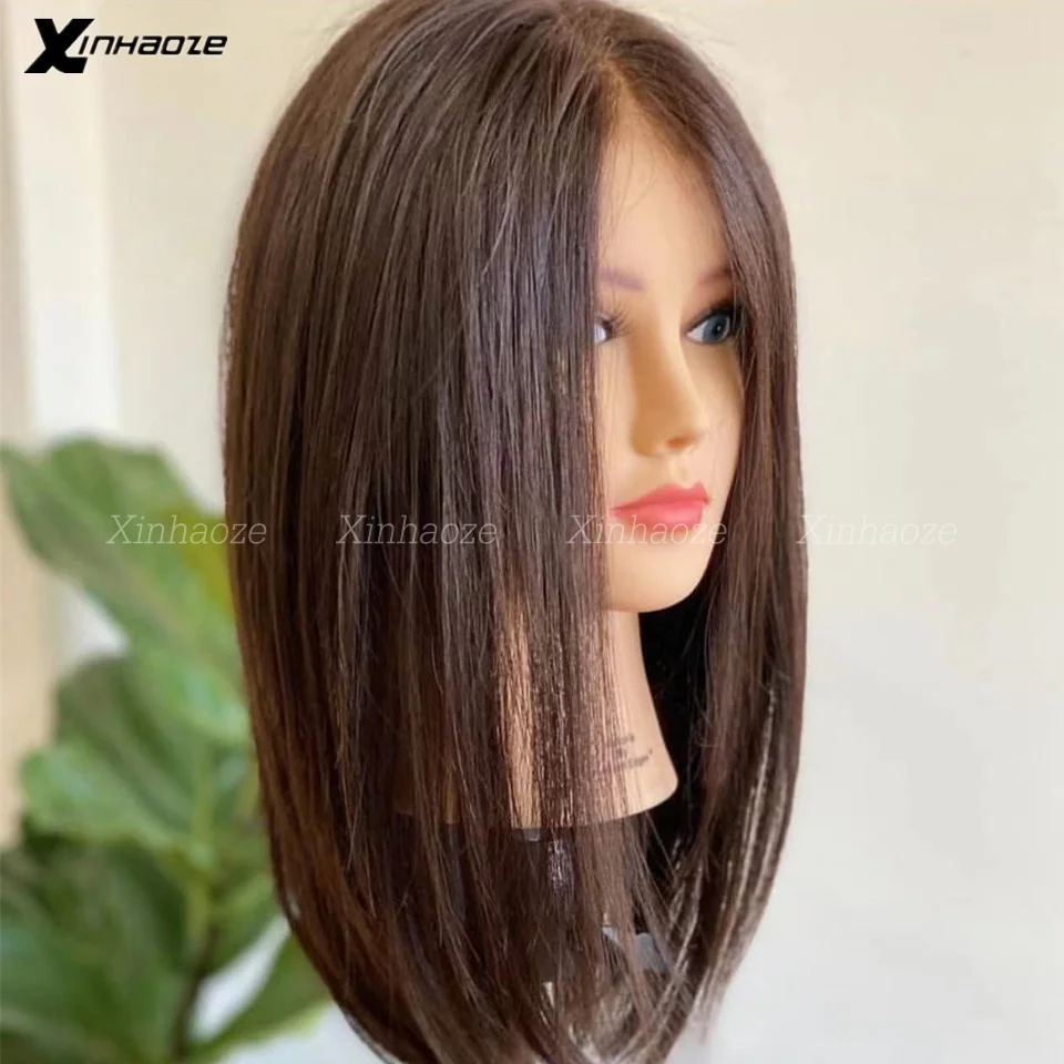 Dark Brown Silk Base Real Human Hair Toppers Clip In Hair Pieces Natural Straight Cover White Hair Loss For Women Remy Hair