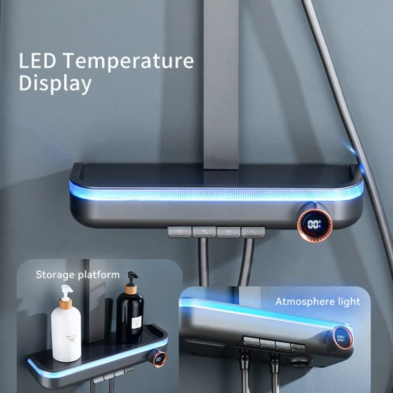 Gun Gray Ambient Light Digital Shower Head Set Bathroom All Copper Constant Temperature Pressurized Storage Piano Button Shower