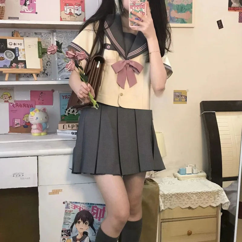 plus Size Japanese Style Jk Student Outfit Pink Bow Tied Short Sleeve Navy Collar Top with Grey Skirt Three-Piece Set for Women