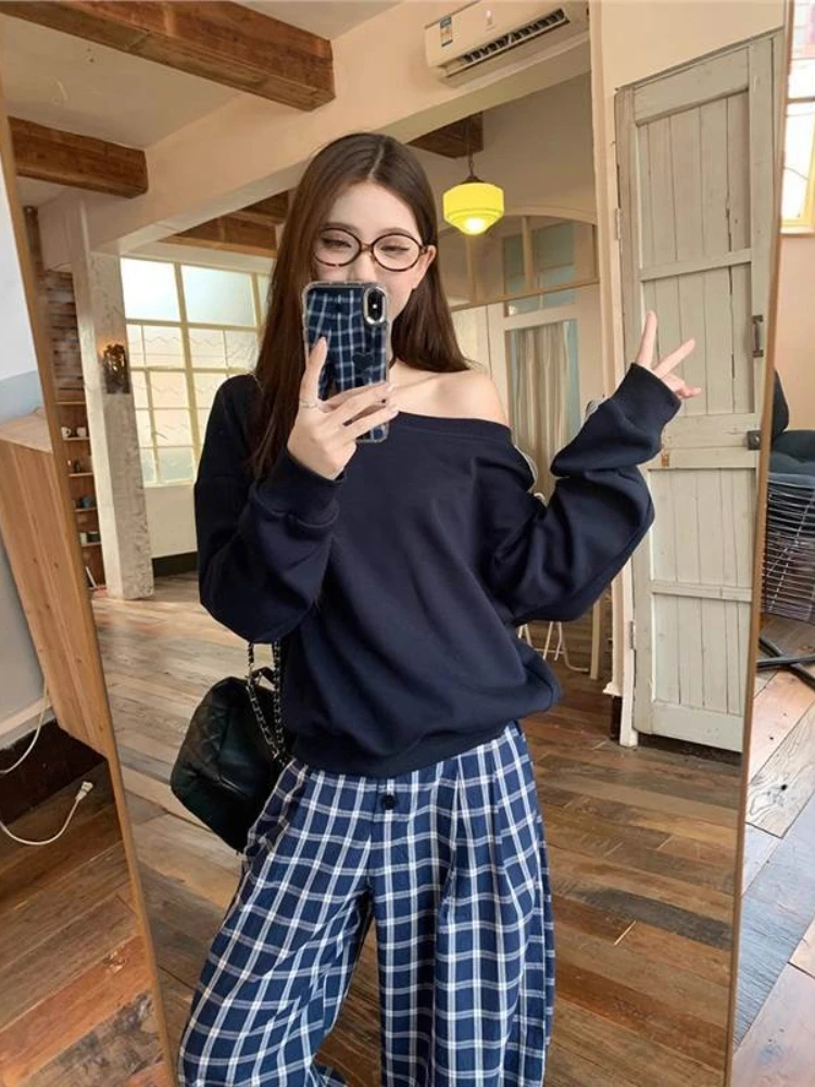 Y2k Esthetische Kant Brief Hoodie Dames Skew Kraag Lace Up Streetwear Hoody Harajuku Vintage Oversized Streep Lange Mouw Tops