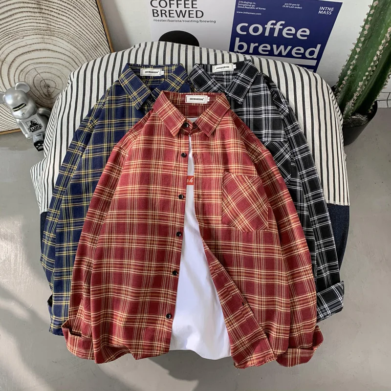 Tawaaiw American Retro Cotton Plaid Shirt Women Spring Tops Long Sleeve Korean Fashion Loose Button Up Blouse Chic Blousa Y2k