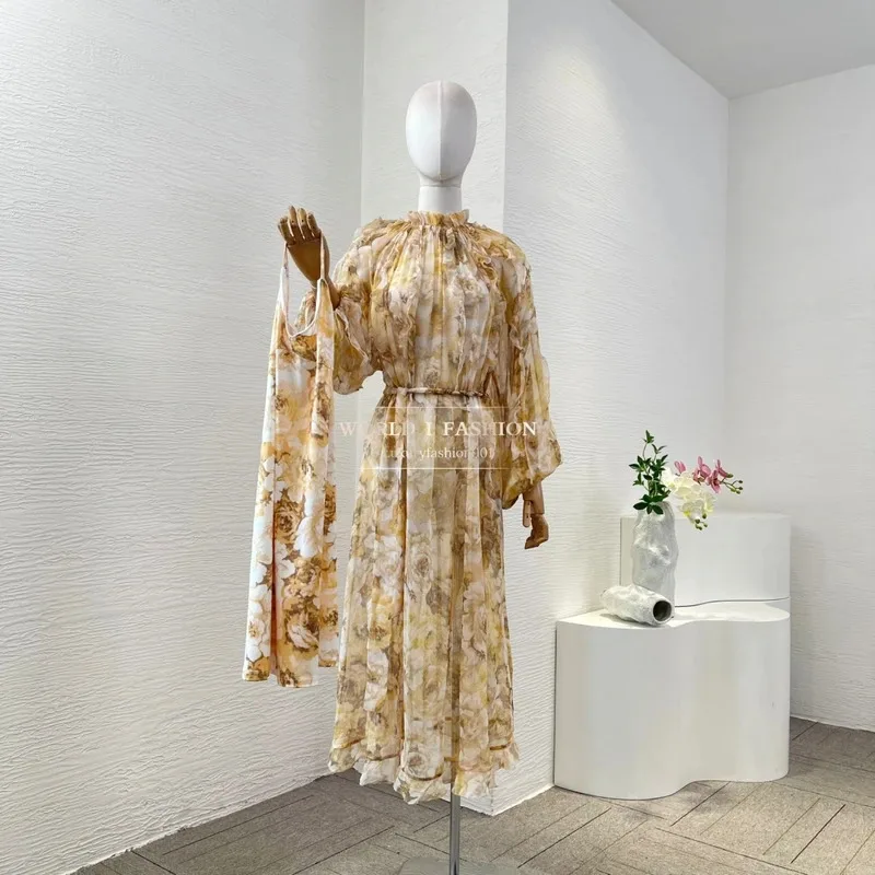 فساتين نسائية صيفية 2025 فستان متوسط الطول بأكمام طويلة وطباعة زهور صفراء عالية الجودة