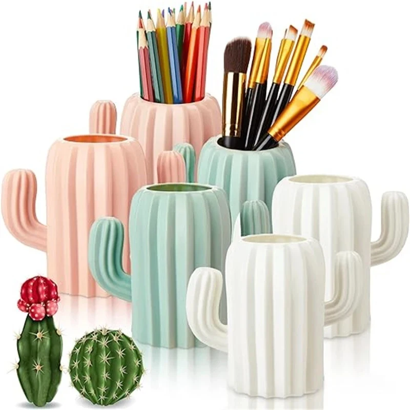 Cactus Flower Vase Set Creative Multifunctional Pen Holder Cup Makeup Brush Organizer Jewelry Desktop Storage Home Decoration