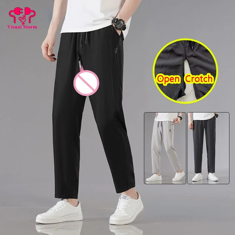 

Man Open Cortch Pants Invisible Zippers Fashion Casual Gym Gay Sweatpants Outdoor Play Crotchless Clubwear Summer Sexy Trousers