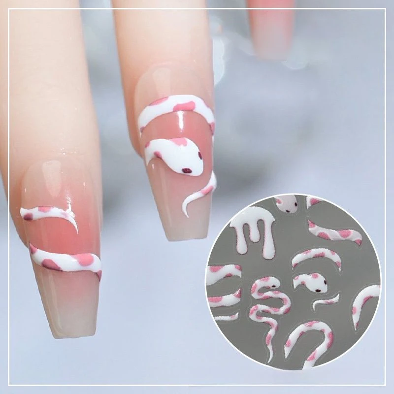 5D Embossed White Pink Snake Nail Art Stickers Spotted Serpent Decals Manicure 2025 New Year Nail Decoration