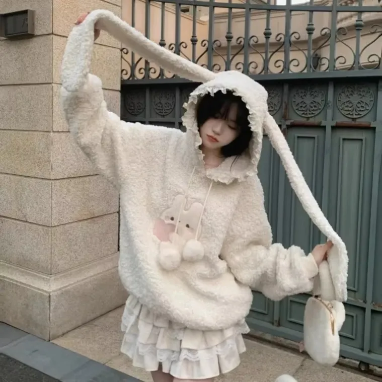 Japanese Cute Cartoon Rabbit Ear Hoodie Female Long Sleeve Loose Lambswool New Sweatshirts Winter  Thicked Warm Coat Women