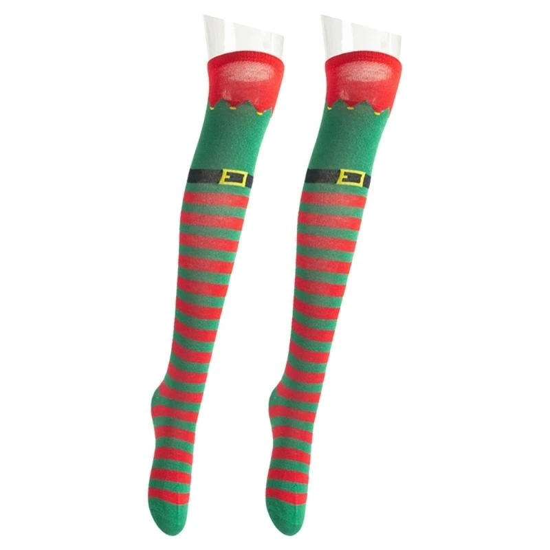 Women Colorful Elf Boot Striped Over Knee Long Socks Thigh High Stockings for Christmas Cosplay Costume Accessories 15UB