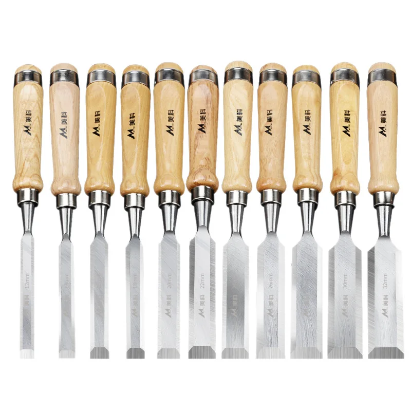 Woodworking Chisels, a Complete Set of 15 Different Sizes Available for Selection. Comprehensive Collection of Woodworking Tools, Steel Chisels with Wooden Handles, Carpenter's Flat Chisels, Flat Shovels, Chisel Knives