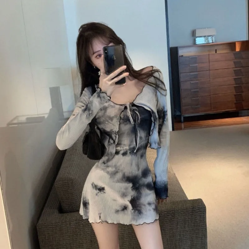 Hong Kong Style Light Mature Style Feminine Temperament Long Sleeved Cardigan Top Sexy Tie Dye Strapless Dress Two-piece Set