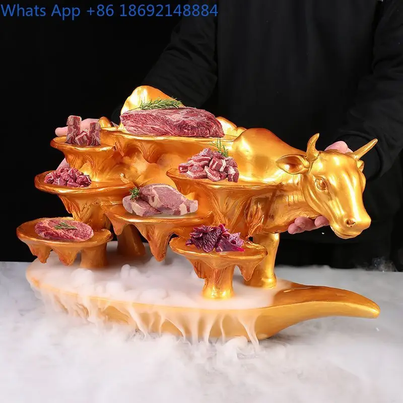 Resin gold Cow Shape Dry Ice Specialty Hot Pot Restaurant Creative Plating Barbecue Artistic Cow Shape Theme Tableware