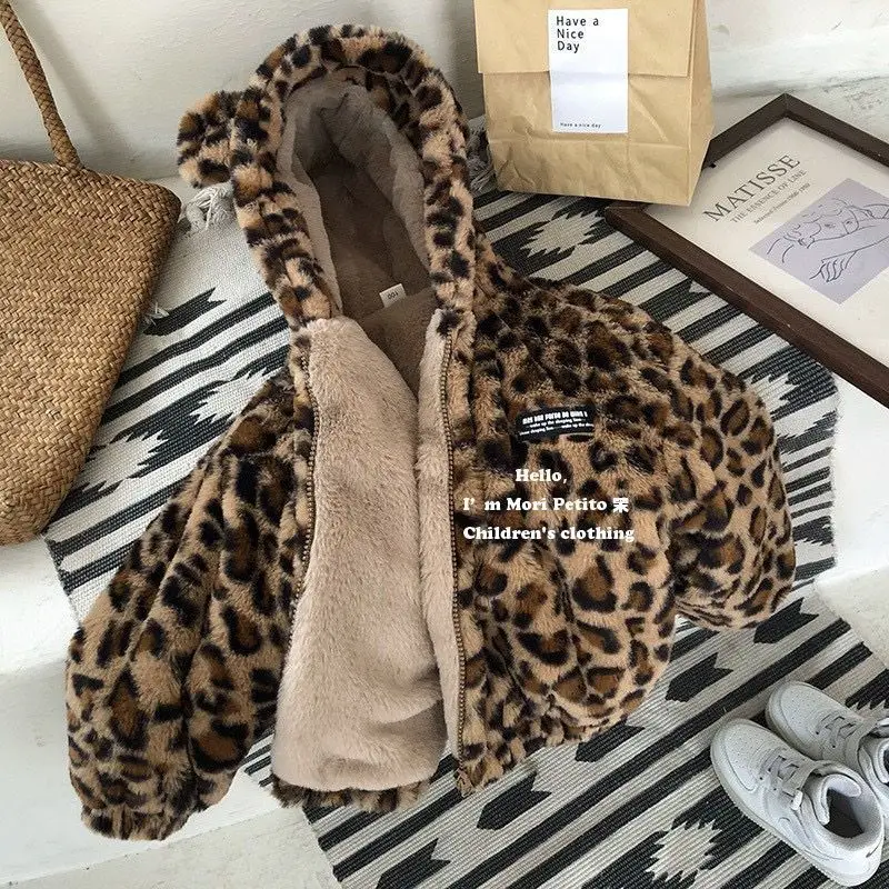 سترة فرو للأطفال للخريف والشتاء للأولاد والبنات معطف سميك من صوف الضأن بنمط الفهد #4