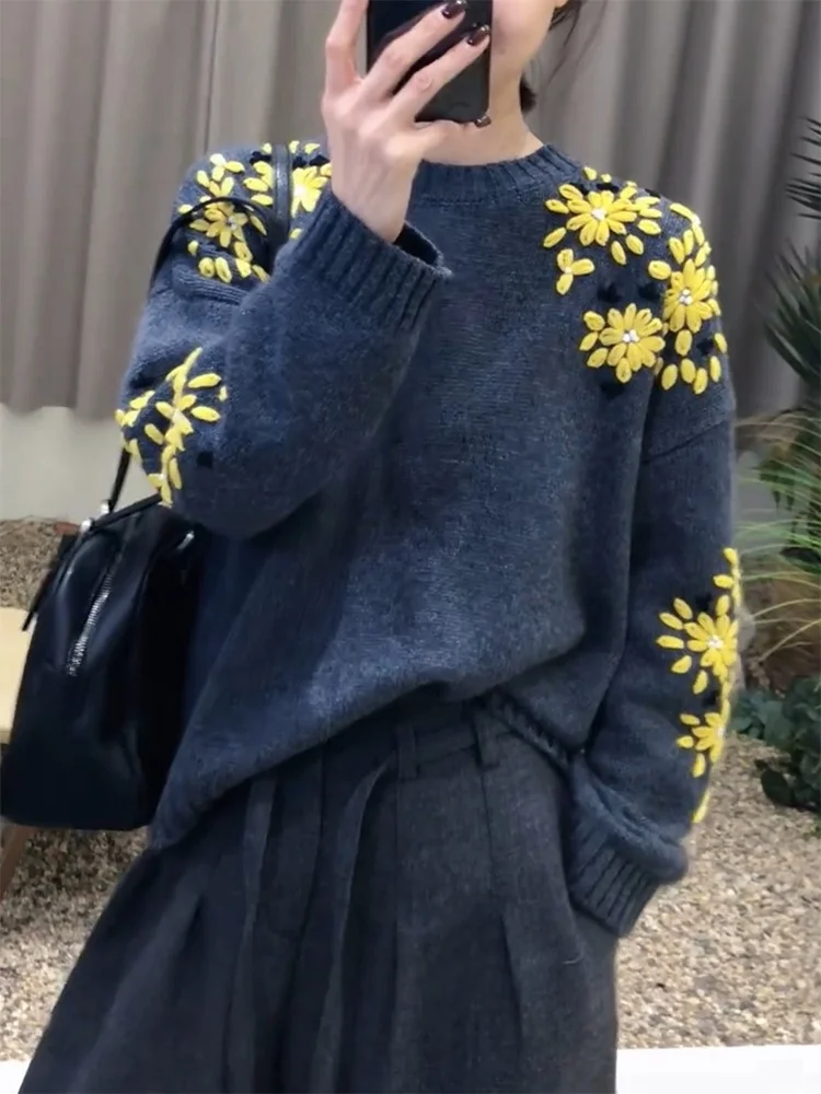 

Женский вязаный джемпер с круглым вырезом и объемной вышивкой, осенне-зимняя новинка, универсальный топ больших размеров