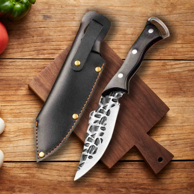 Black Forged Kitchen Knife Bone Splitting Full Tang Solid Wood Handle Thickened Blade Sharp Meat Cleaver Portable Sheaths