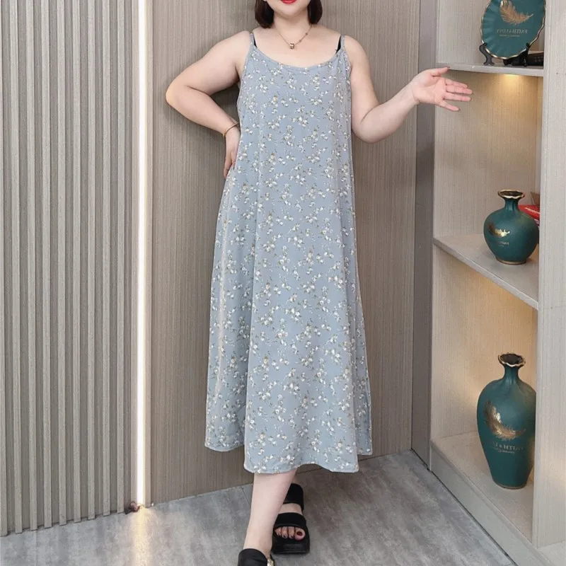 Floral Dress With Spaghetti Strap For Women Summer Thin Plus Size Fashion Casual Slim mid-length Dress