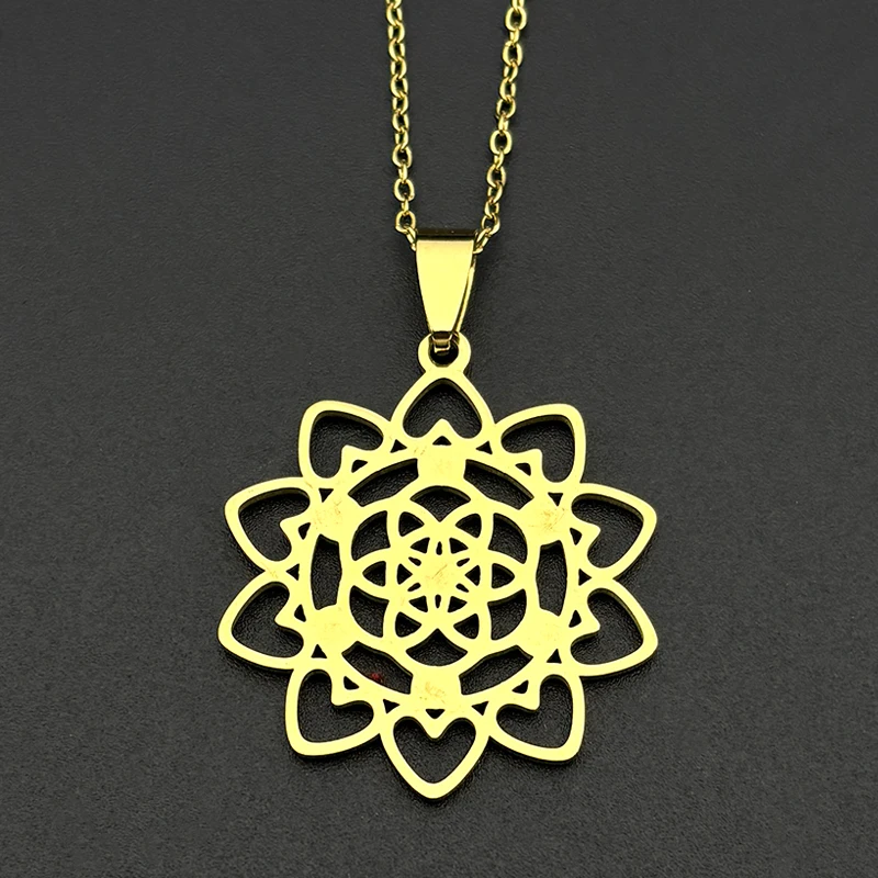 Sacred Geometry 7 Chakra Metatron Heart Necklace Flower of Life Stainless Steel Opal Stone Necklace Reiki Healing Jewelry N6341
