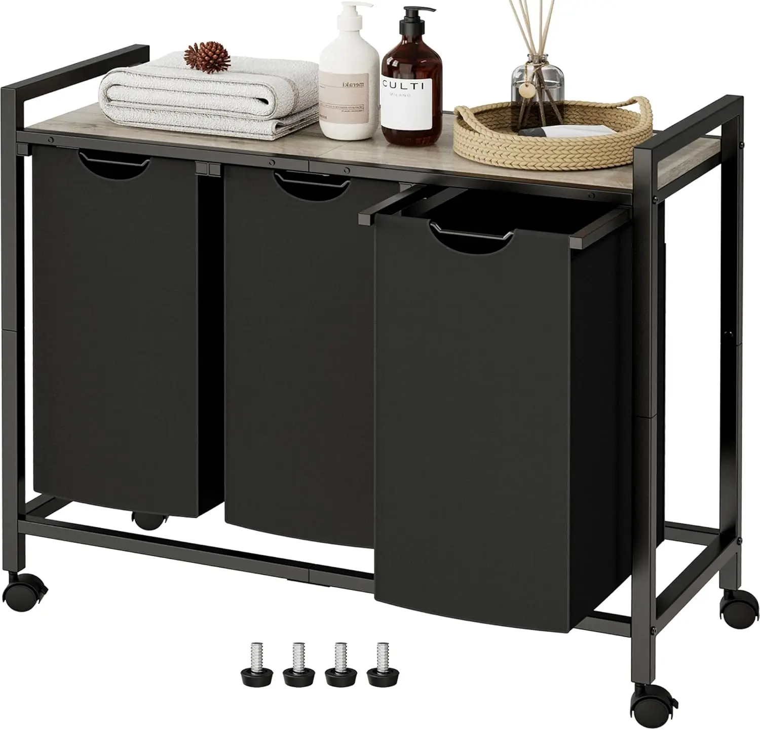 

！@Combohome Wood Laundry Basket, Laundry Sorter with 2 Pull-Out and Removable Bags, Shelf, Laundry Room Storage with Table