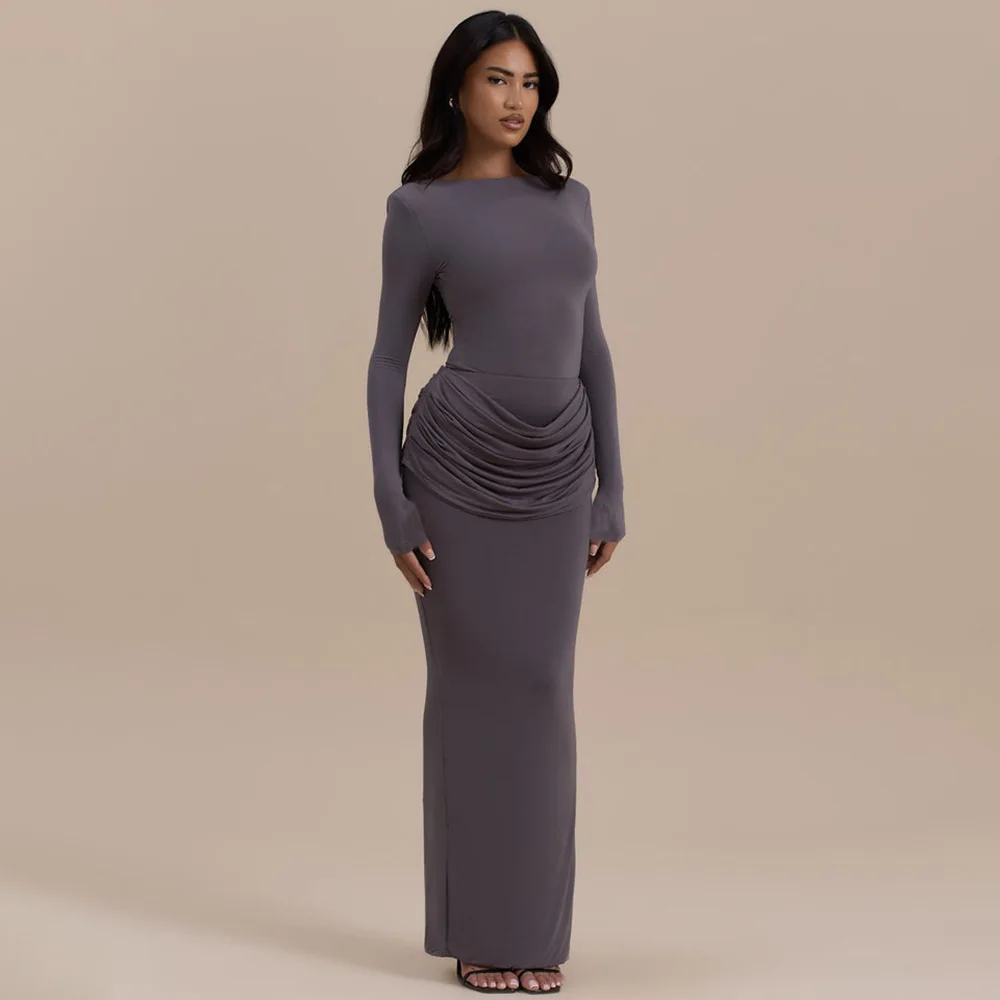Apprabant otoño nuevo elegante Maxi vestido de mujer ceñido al cuerpo fruncido espalda dividida sólido cuello redondo manga larga ropa de fiesta señora Sexy vestido largo