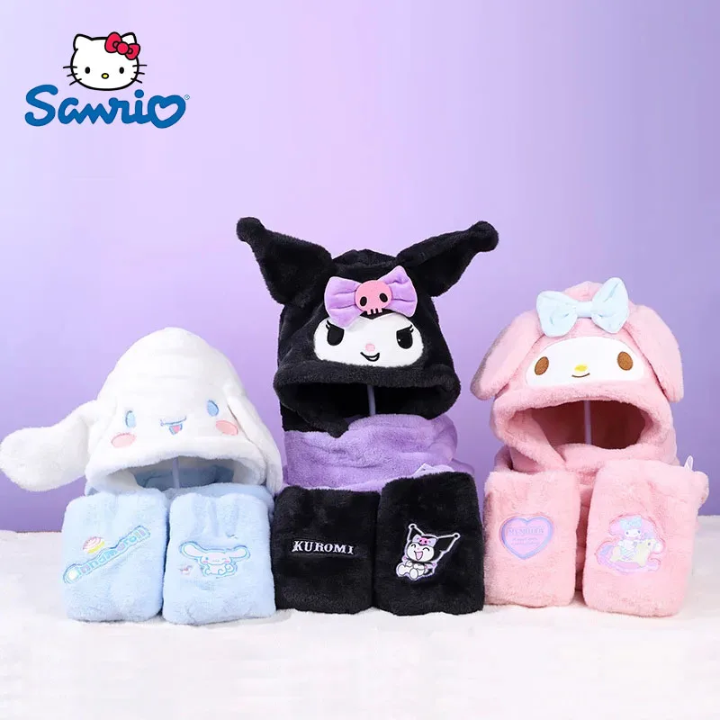 Sanrio Kawaii Three-piece Set Hellokitty Melody Cartoon Warm Plush Gloves One-piece Hooded Thickened Winter Scarf Gift for Women