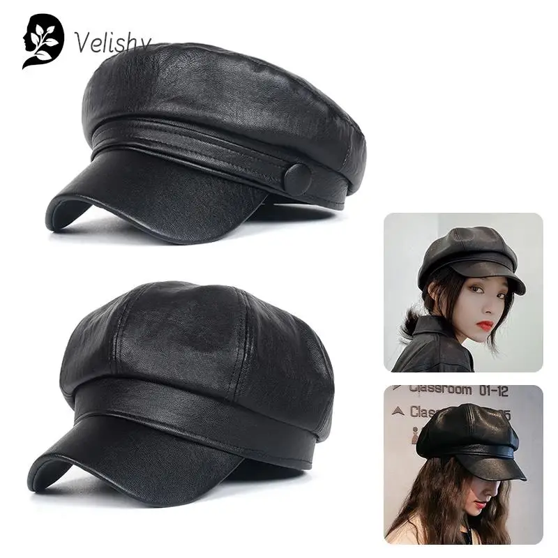 Unisex PU Leather Caps for Black Flat Top Captain Cap Travel Cadet Hat