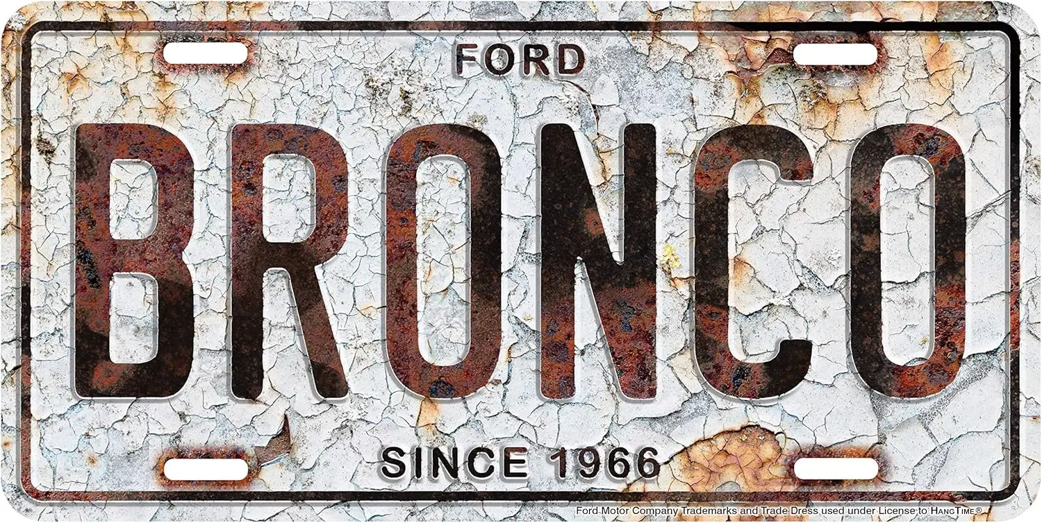 HangTime Bronco Metal License Plate 6 x 12 with Rust Background