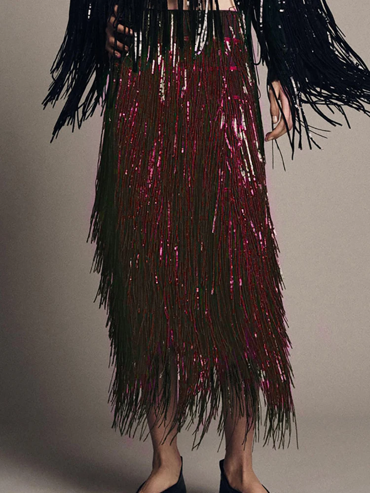 

Облегающая юбка с блестками и кисточками, весенний элегантный темпераментный банкетный костюм, рубашка с длинными рукавами и перьями, женский комплект из 2 предметов