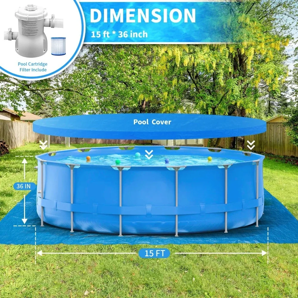 15FTx36INCH Above Ground Pool, Outdoor Family Size Round Pool Include 530gal Filter Pump, Ladder, Cover and Ground Cloth