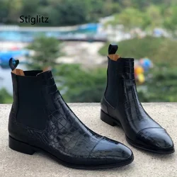 Crocodile Skin Chelsea Boots Men's Spring Autumn Slip On Ankle Boots for Men Genuine Leather Short Boots Roman Shoes Male