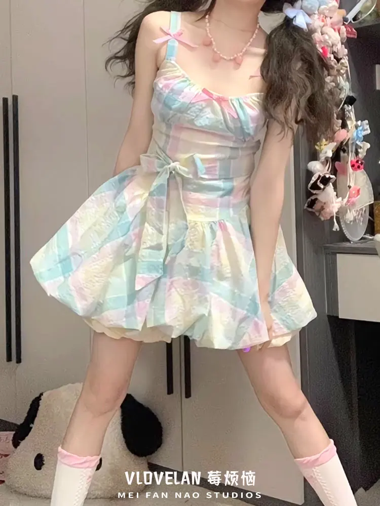 

Lolita Colorful Checkered Camisole Dress Seaside Vacation Style Butterfly Bow Waist Princess Fluffy Dress Summer