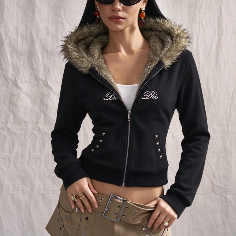 Autumn Winter Women Y2K Gothic Streetwear Faux Fur Trim Hood Studded Pocket Letter Embroidery Zip Up Fleece Lined Cropped Hoodie