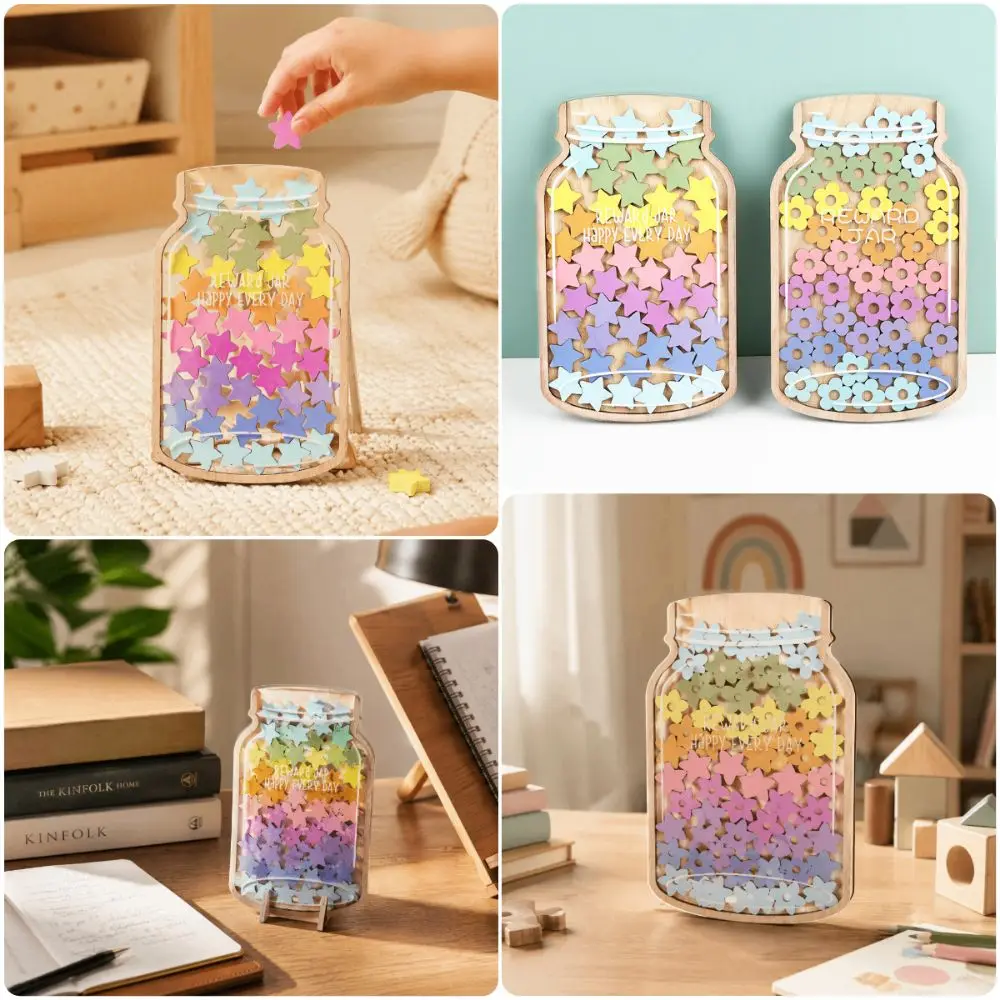 Multicolor Reward Jar 45Pcs Star Flowers Wooden Kids Reward Savings Bottle Points Reward Self-discipline Design