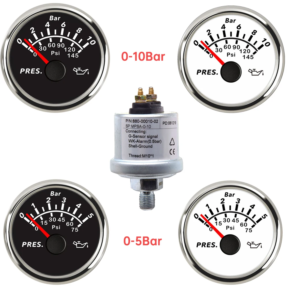 

52mm Universal Oil Pressure Gauge Waterproof 0-10bar 0-145psi Marine Car Oil Pressure Gauge Sensors M10x1 NPT1/8 for Truck Boat