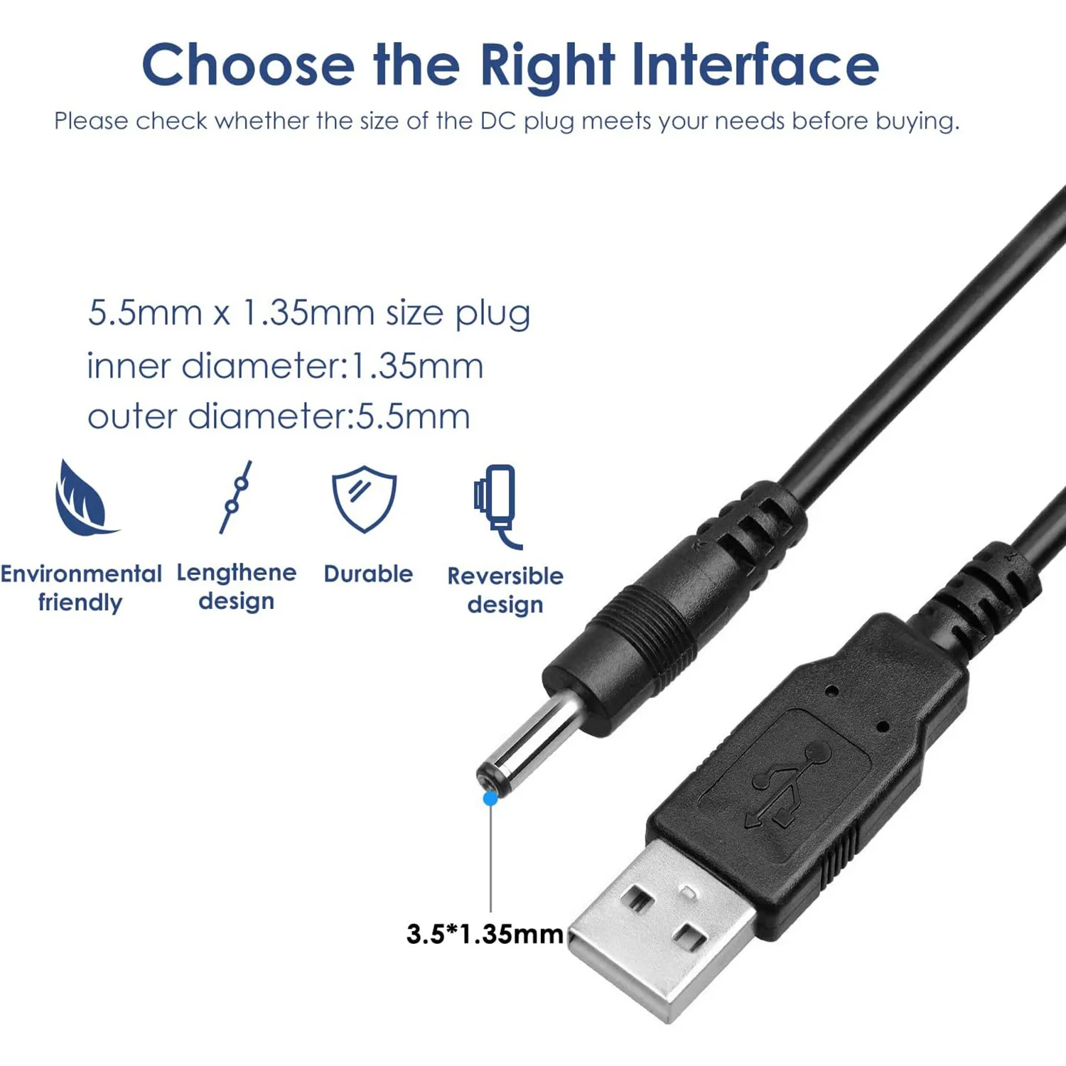 2Pack 5FT USB to DC 3.5x1.35mm Barrel Jack Power Cable Plugs Power Cord for USB Lights, USB Fans, Cartoon Watches, Radiators, 5V