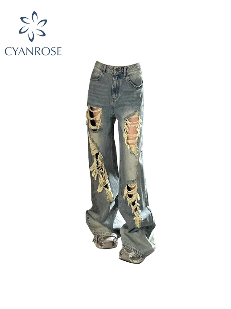 

Women's Ripped Jeans Baggy Y2k Vintage Korean 90s Aesthetic Denim Trousers Harajuku High Waist Cowboy Pants 2000s Trashy Clothes