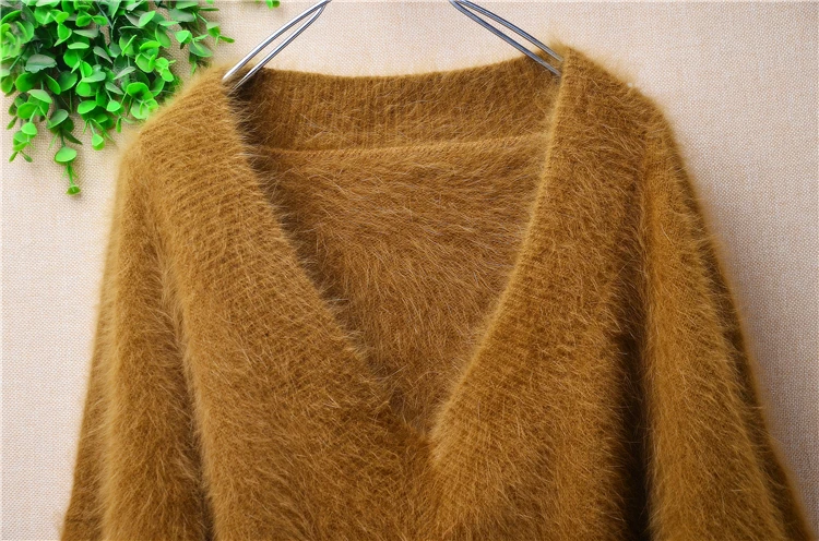 Female Women Fall Winter Clothing Hairy Mink Cashmere Knitted V-Neck Long batwing Sleeves Loose Pullover Angora Fur Sweater Pull