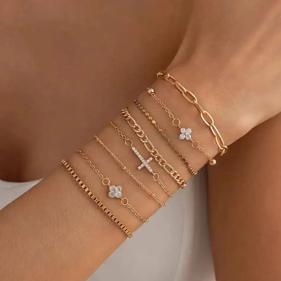 SHIXIN 8Pcs/Set Gold Color Geometric Link Chain Bracelet Women Bohemian Inlaid Rhinestones Cross Bangle Party Jewelry Accessory