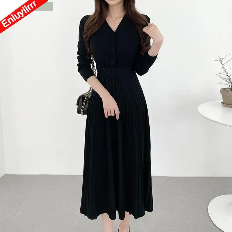 2023 Winter Lente Hot Sales Franse Bloem Ruches Lange Knop Riem Shirt Jurken Vrouwen Vintage Retro Een Lijn Vrouwelijke Vestidos