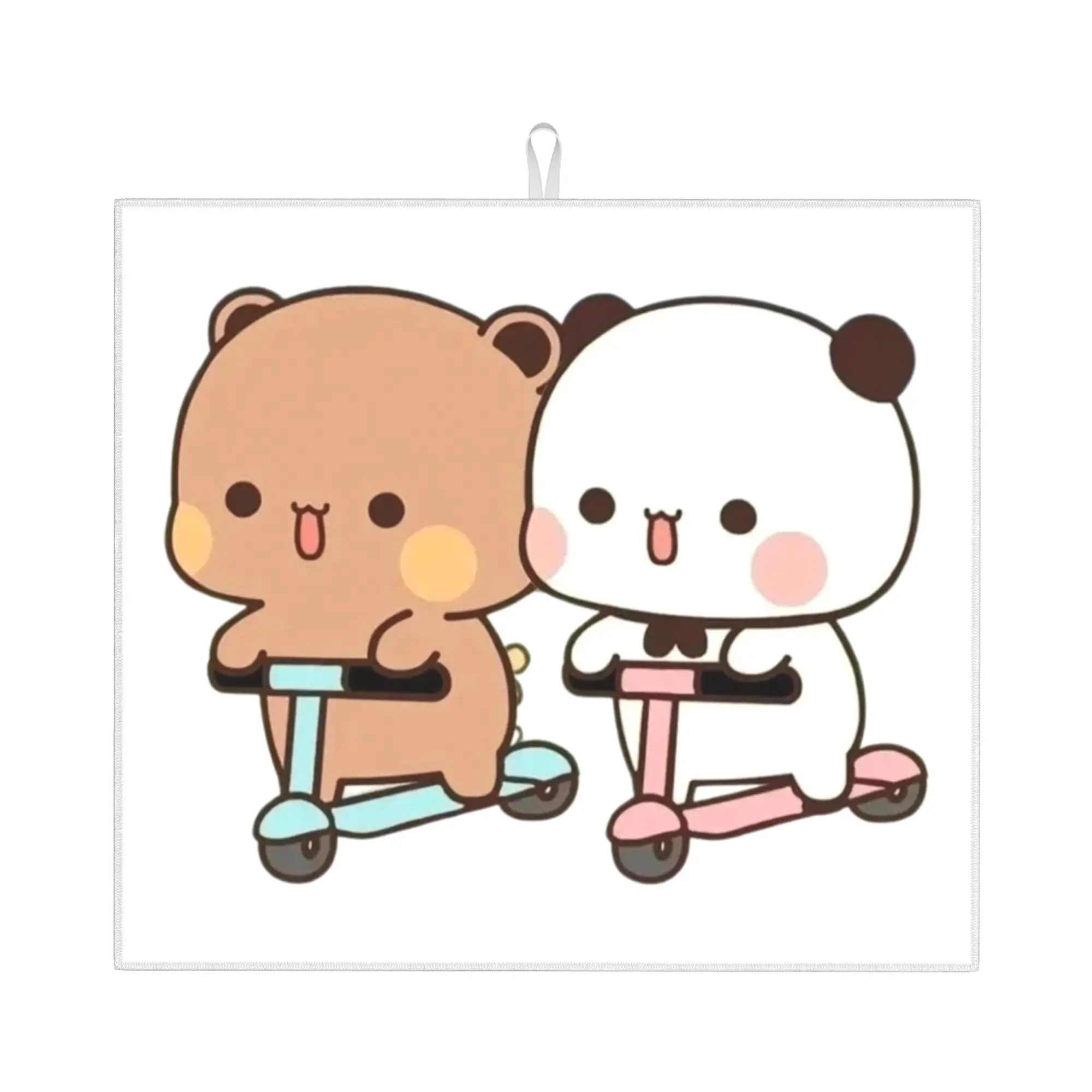 Panda Bear And Brownie True Love BUBU DUDU Couple Goma Non‑Slip Waterproof Absorbent Barware Tableware Drying Mat For Kitchen