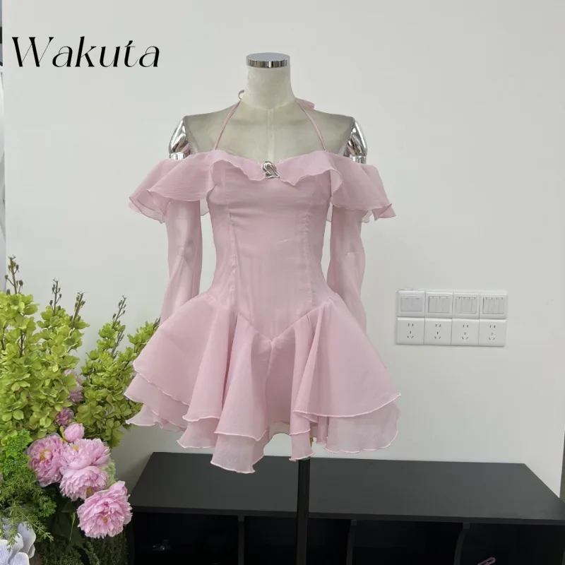 

WAKUTA American Retro Romantic Chic Ruffle Edge Shoulder Strap Hanging Neck Long Sleeve Jumpsuit Shorts Skirt Slim Fit Dresses