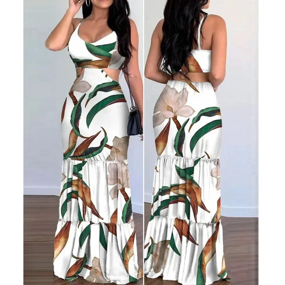 Floral Dress Casual Women's V-neck Pencil Sleeveless Bodycon Long Dress Spaghetti Strap Summer Camis Tops Maxi Dress