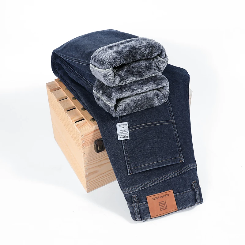 

Winter Straight Oversized Brushed Jeans Casual Baggy Fashion Simple Stretch Thickened Pants Warm Fleece Denim Trousers
