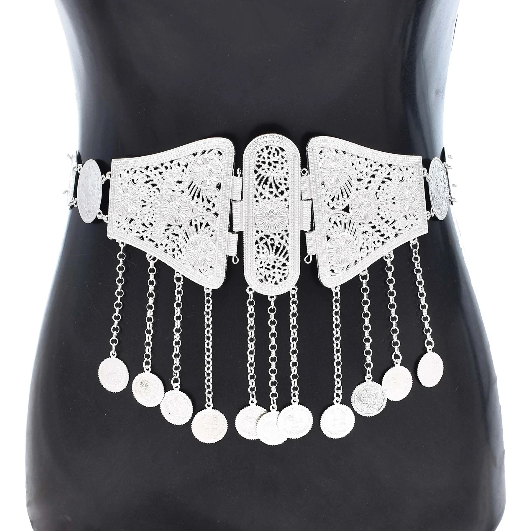 Trending Silver Plated Coins Belt Body Chain Metal Hollow Butterfly Long Tassel Waist Belly Chains Afghan Turkish Body Jewelry