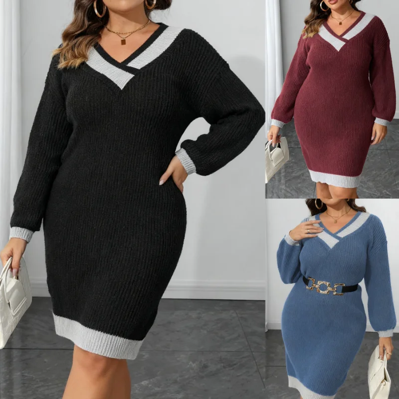 

Women's Dress Woven V-neck Contrast Patchwork Hip-hugging Sweater Skirt