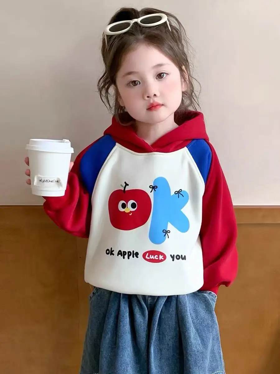 

Детская толстовка с капюшоном для девочек, утепленная флисом, с длинными рукавами, в стиле пэчворк, корейский стиль, теплая зимняя одежда из хлопка