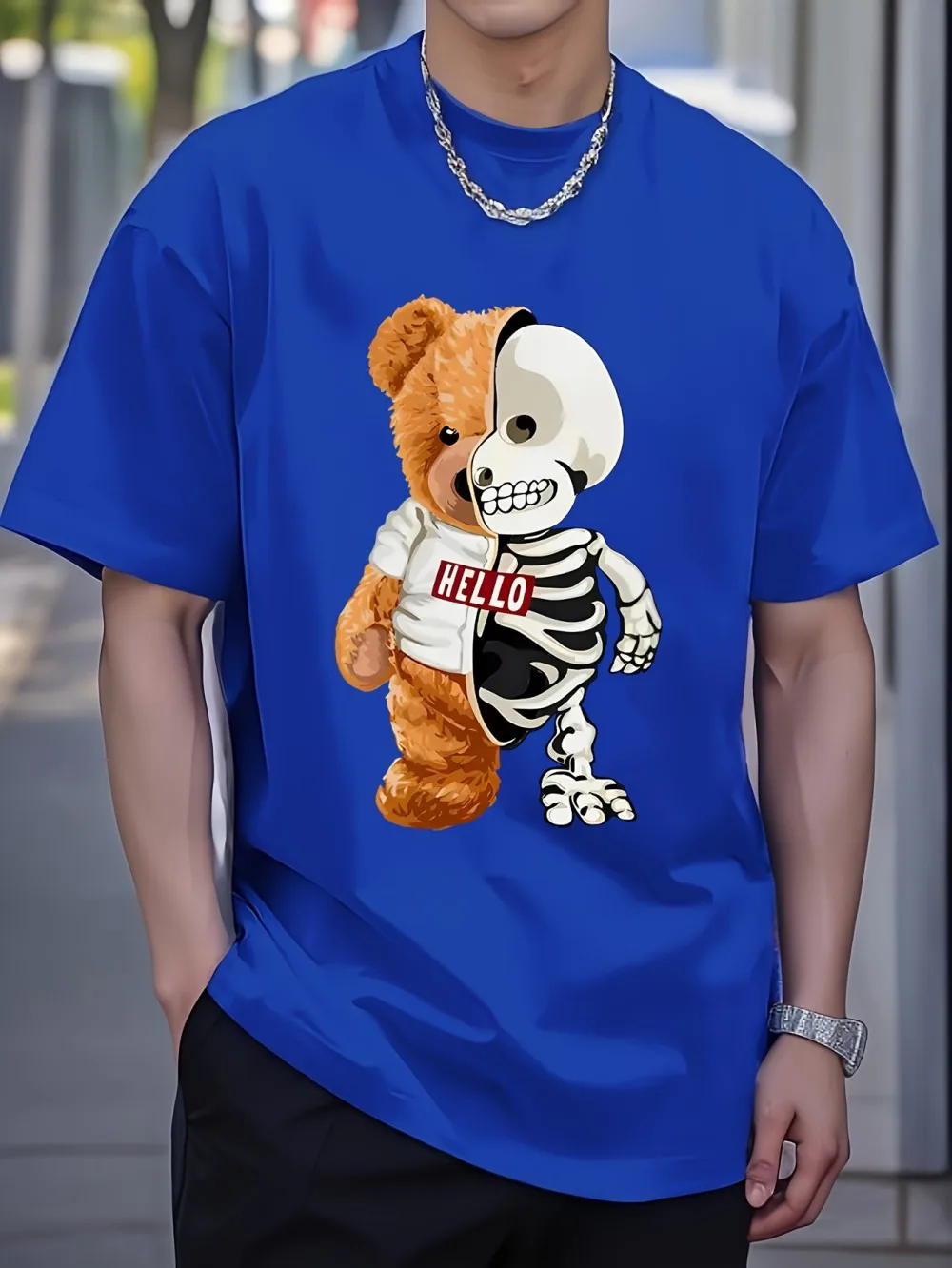 New American men's summer skull bear print micro elastic breathable round neck T-shirt outdoor casual top