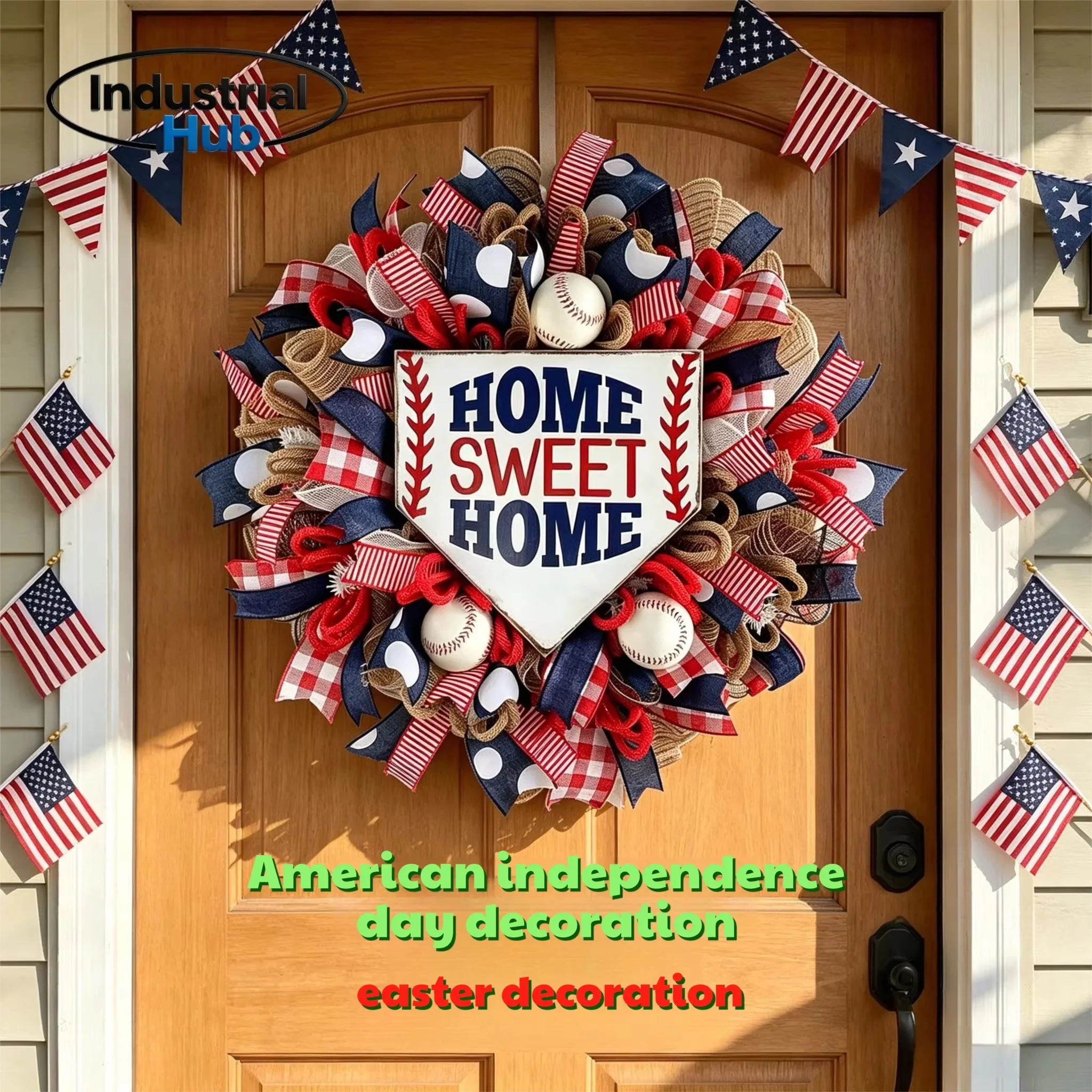 

Round Front Door Wreath American Patriotic Artificial Silk Flower Garland Baseball Decorative for Independence Day Wall Bar Club