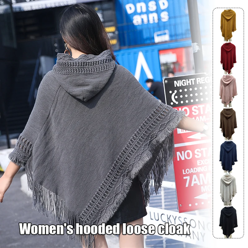 

Women Spring Autumn Knitted Cardigan Sweater Lady Elegant Hooded Pullover Cape Tops Chic Tassel Shawl Wraps Casual Loose Ponchos