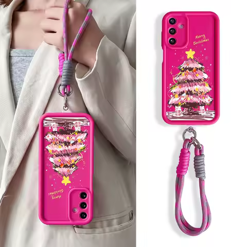 Phone Case for Samsung S24 S22 S23 S21 S25 Plus Ultra S20 FE A50 05 10 11 03 04 30 20 Christmas Tree Wrist Chain Lanyard Cover