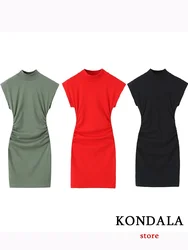 KONDALA Vintage Solid Women Pleated Party Dress Sleeveless O Neck Mini Dress New Fashion 2023 Autumn Evening Night Club Dress