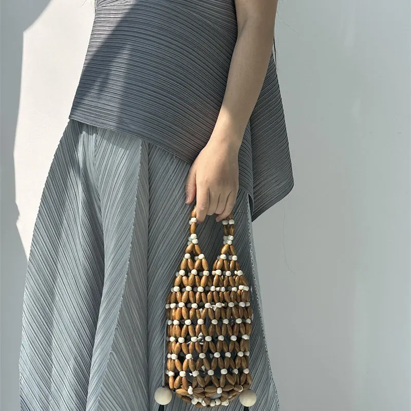 Handcrafted Beaded Wooden-Bead Bucket Bag Vintage Hollow out Design Versatile Shoulder Bag for Women Cross-Border Trend